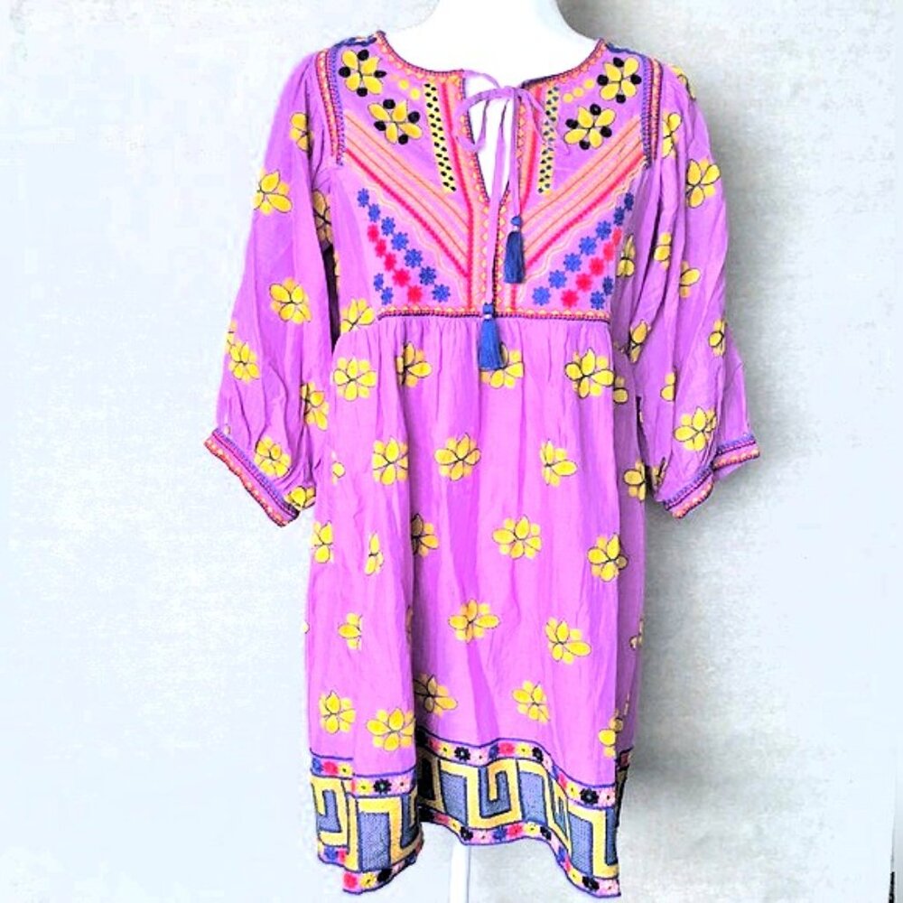 Oliphant Lilac Lucknow Embroidered Boho Cotton Dress NWT S